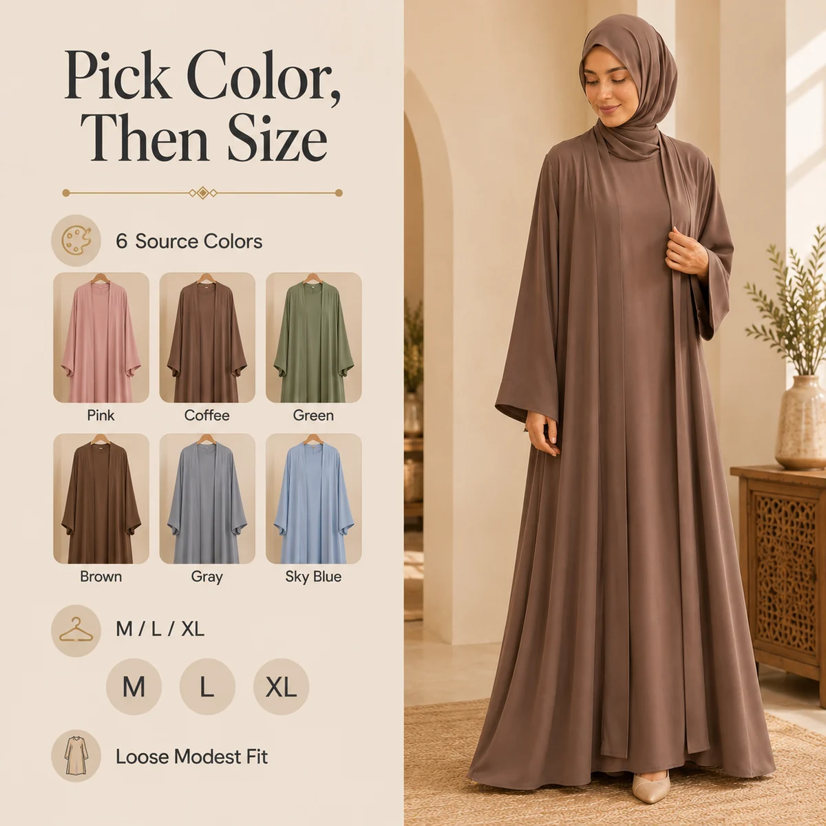 Material and structure detail for Women's Two-Piece Modest Abaya Set with Inner Dress