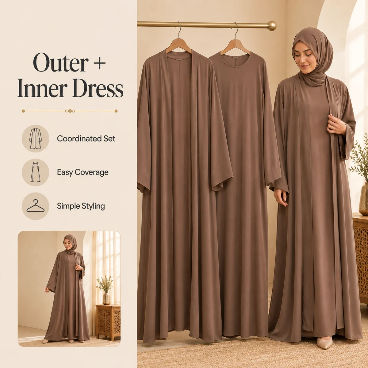 Detail image for Women's Two-Piece Modest Abaya Set with Inner Dress