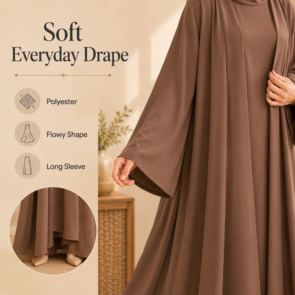 Size or use detail for Women's Two-Piece Modest Abaya Set with Inner Dress
