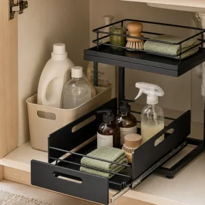 Under Sink Metal Organizer with Sliding Drawer: Cabinet Storage and Fit Guide