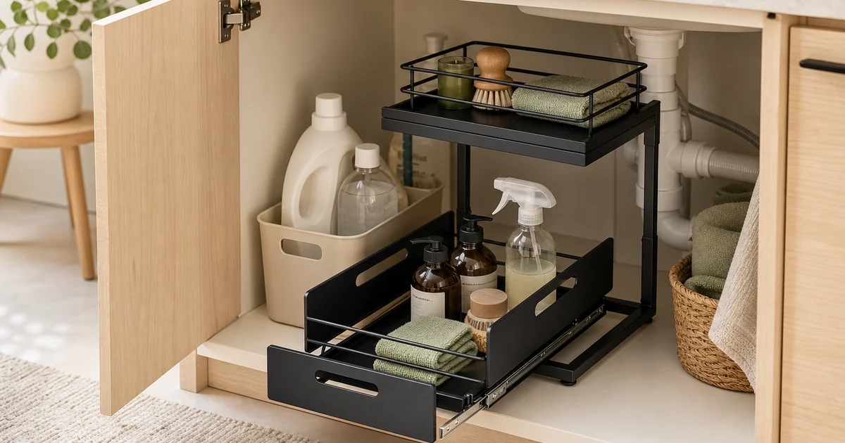 Black two tier under sink metal organizer with sliding drawer inside a cabinet