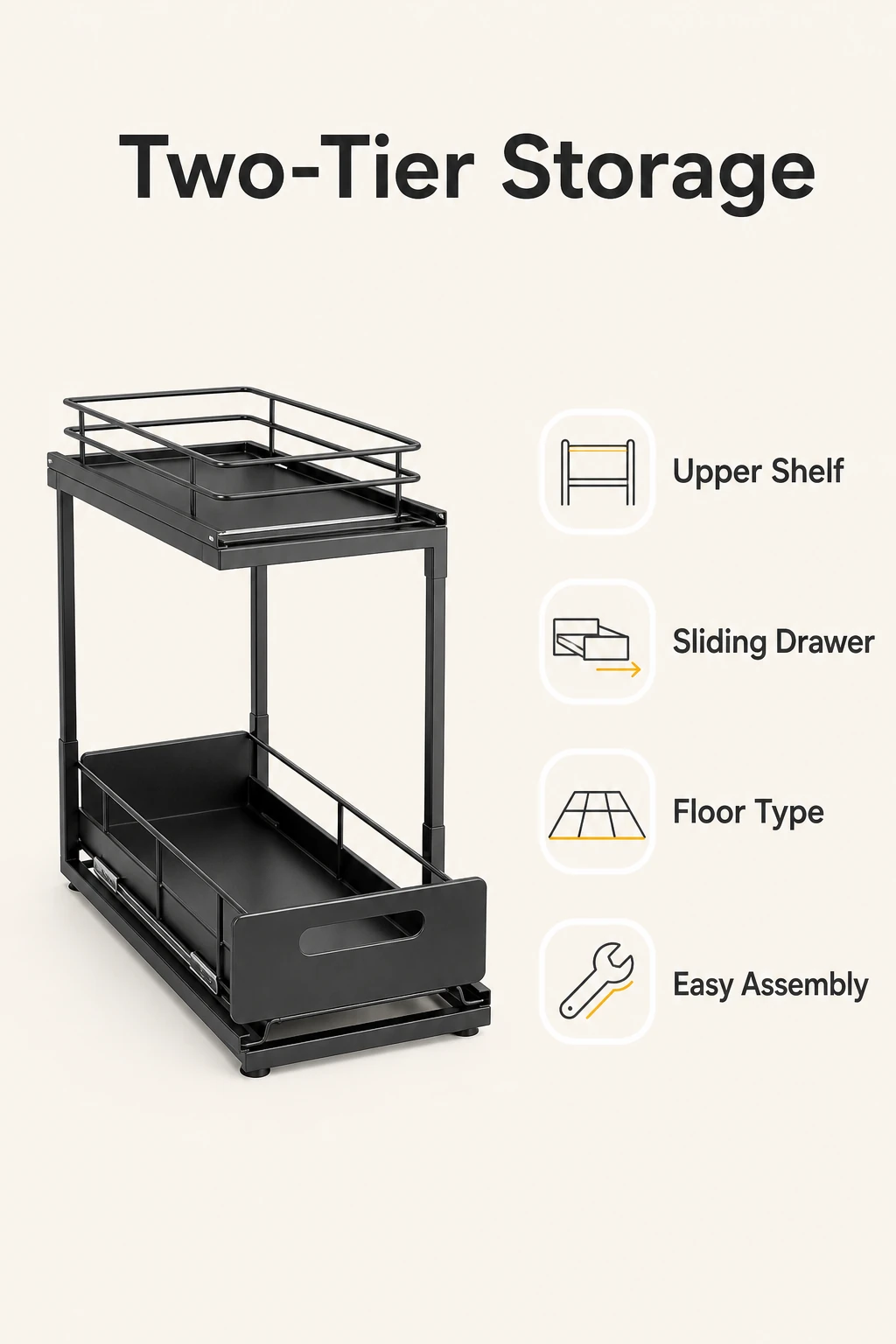 Two-tier storage layout for an under-sink metal organizer