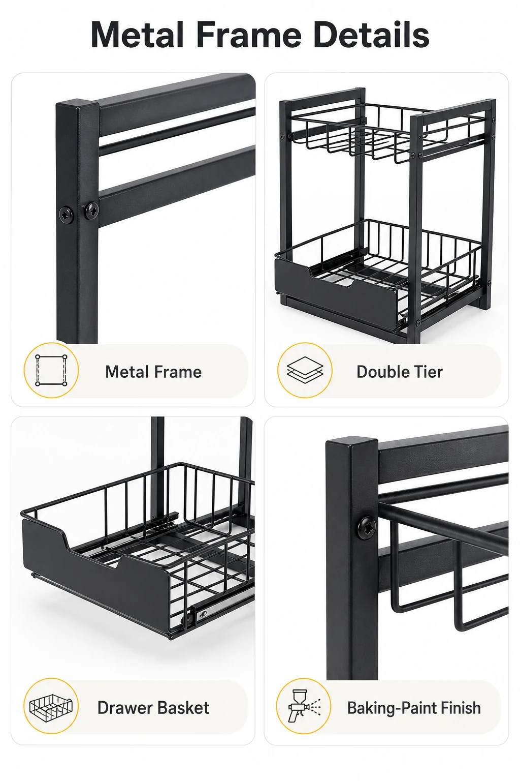 Metal frame details and baking-paint finish callouts