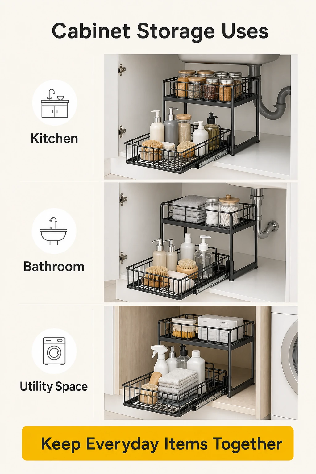 Kitchen, bathroom and utility cabinet storage uses