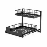 Angled view of a black two-tier wire-basket organizer with a lower drawer on slide rails
