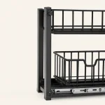 Close-up of the black organizer frame, basket wires, fasteners and drawer slide rail