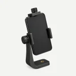 Pinza negra para teléfono que sostiene un teléfono en vertical sobre un brazo curvo