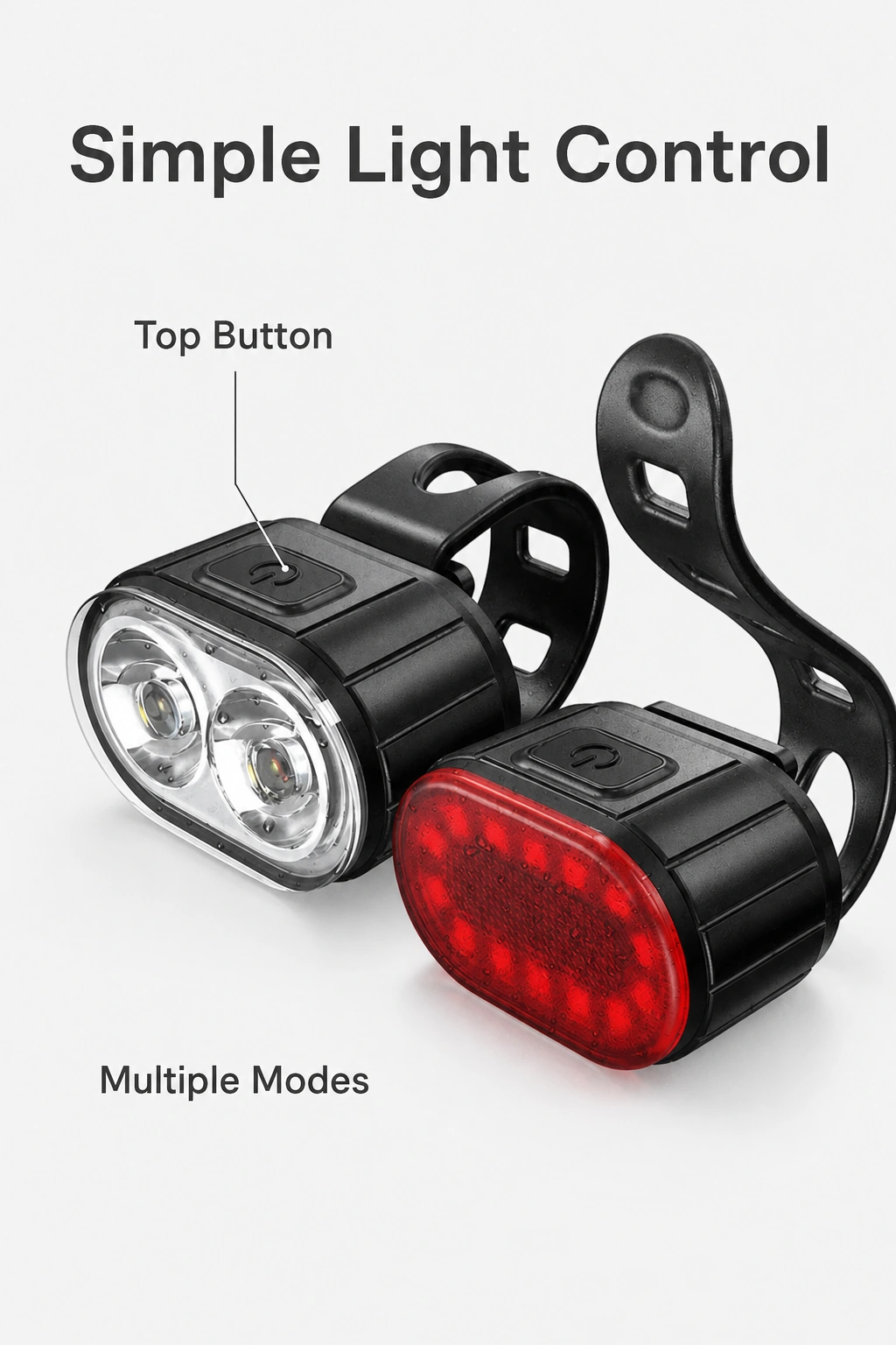 Luces blanca delantera y roja trasera con flecha al botón superior y un rótulo de varios modos.