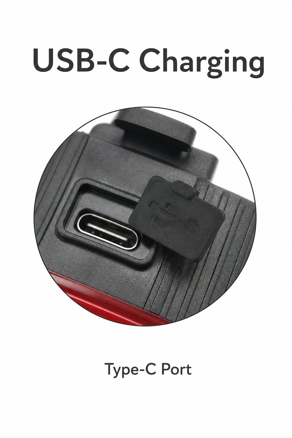 Detalle circular del puerto de carga Type-C de la luz con tapa abierta y título de carga USB-C.