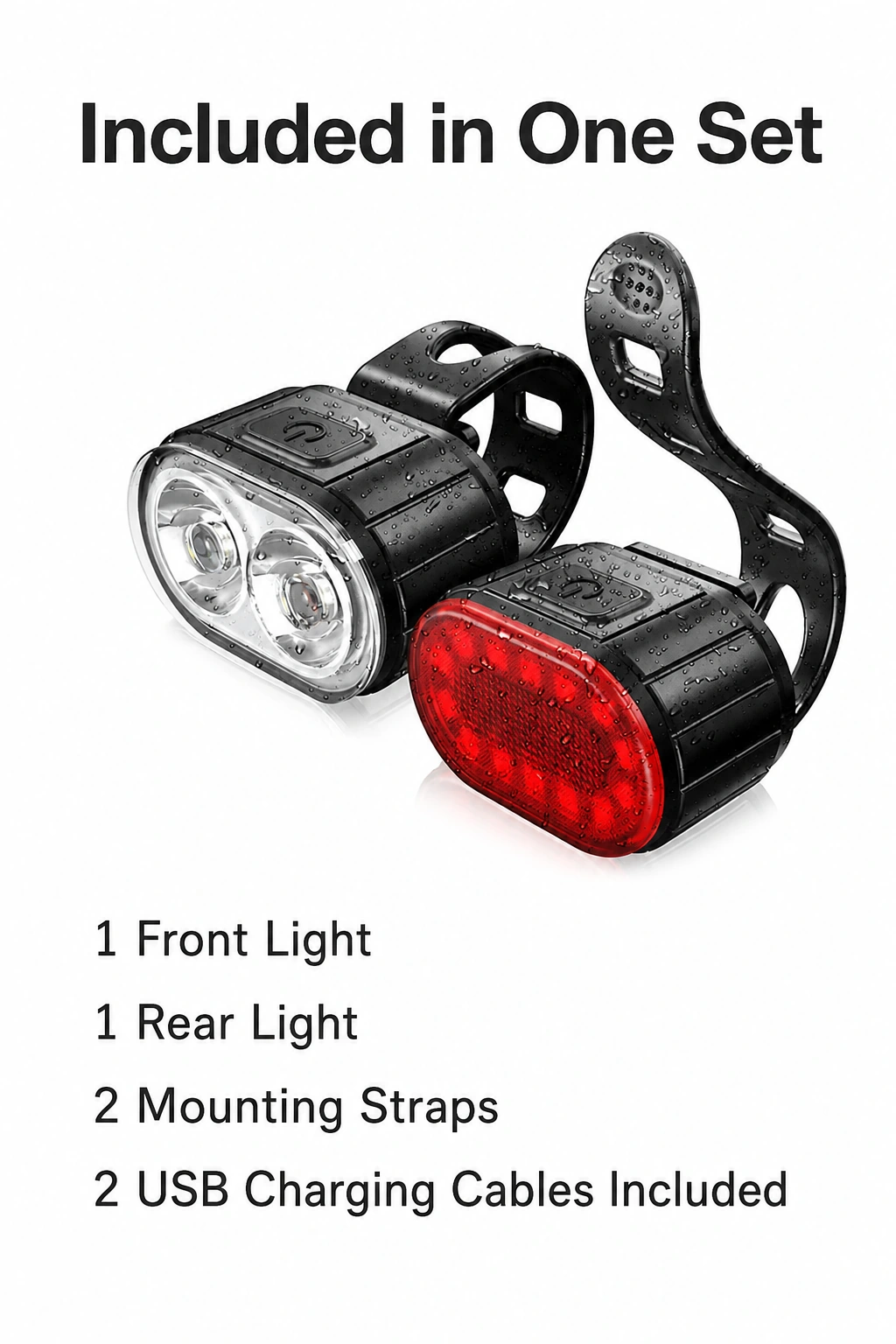 Dos luces con correas sobre una lista de contenido que también indica dos cables de carga USB incluidos.