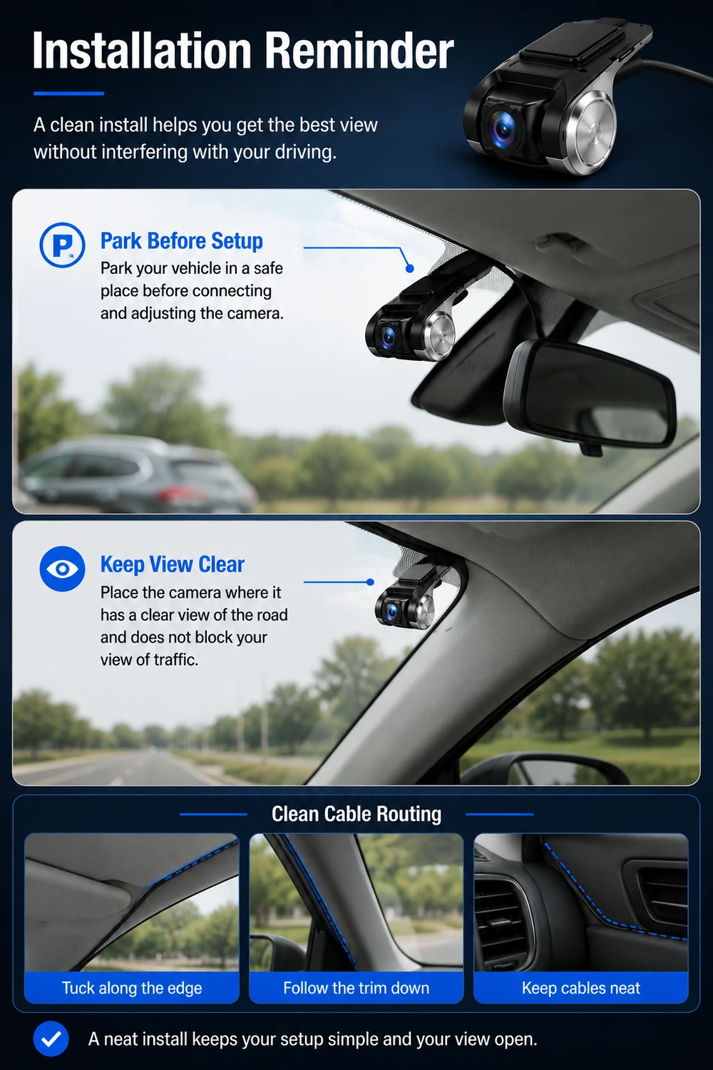 Rappel d’installation pour caméra USB de voiture sur véhicule à l’arrêt