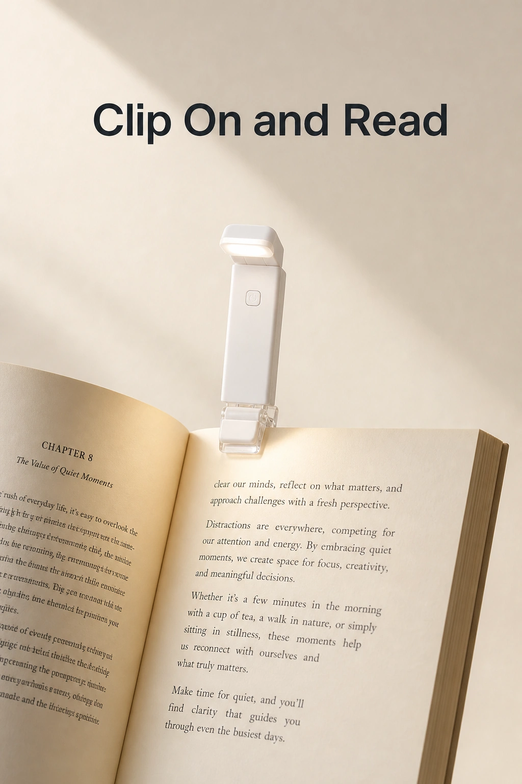 White reading light clipped to an open book with the heading Clip On and Read.