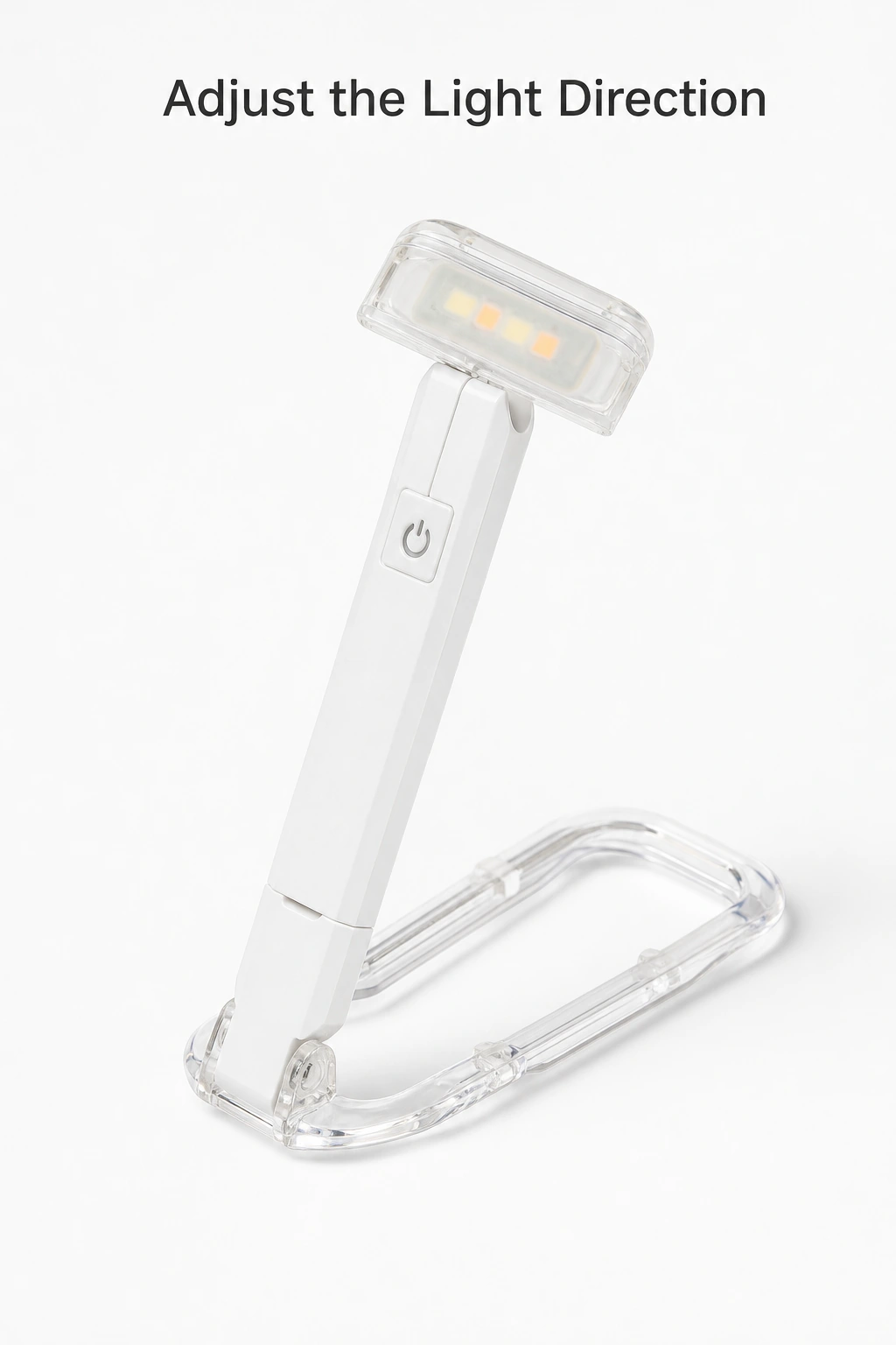 White book light with an upright arm and turned lamp head, labelled Adjust the Light Direction.