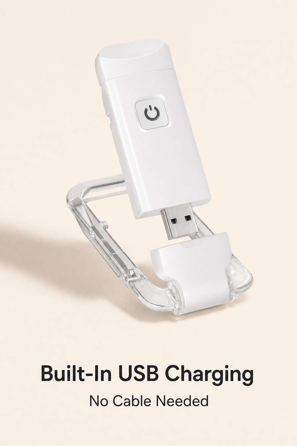 Exposed USB-A plug on the white reading light with Built-In USB Charging and No Cable Needed text.
