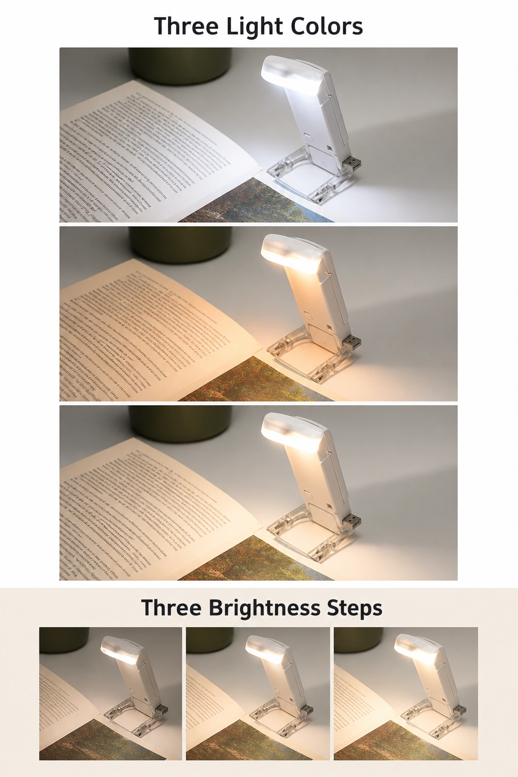 Reading light beside a book in three light-colour examples and three brightness-step examples.