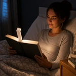 Frau liest im Bett ein aufgeschlagenes Buch unter der weißen Clip-Leuchte.
