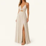 Ivory V-neck maxi dress with thin straps, a small waist cutout and front slit