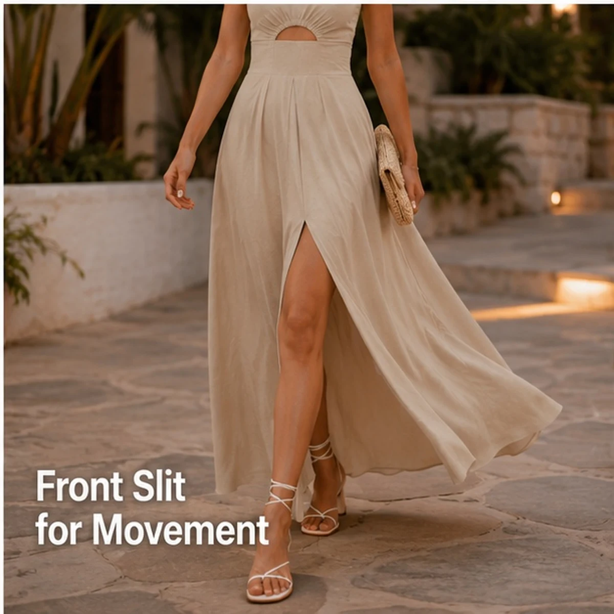 Material and structure detail for Women's V-Neck Cutout Slit Maxi Dress for Summer Parties