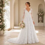 Donna con abito da sposa bianco in pizzo che tiene un bouquet sotto un arco floreale