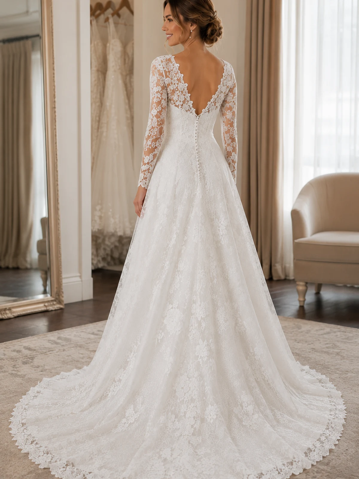 Dettaglio materiale e struttura per Abito da sposa in pizzo scollo a V linea A maniche lunghe per uso quotidiano