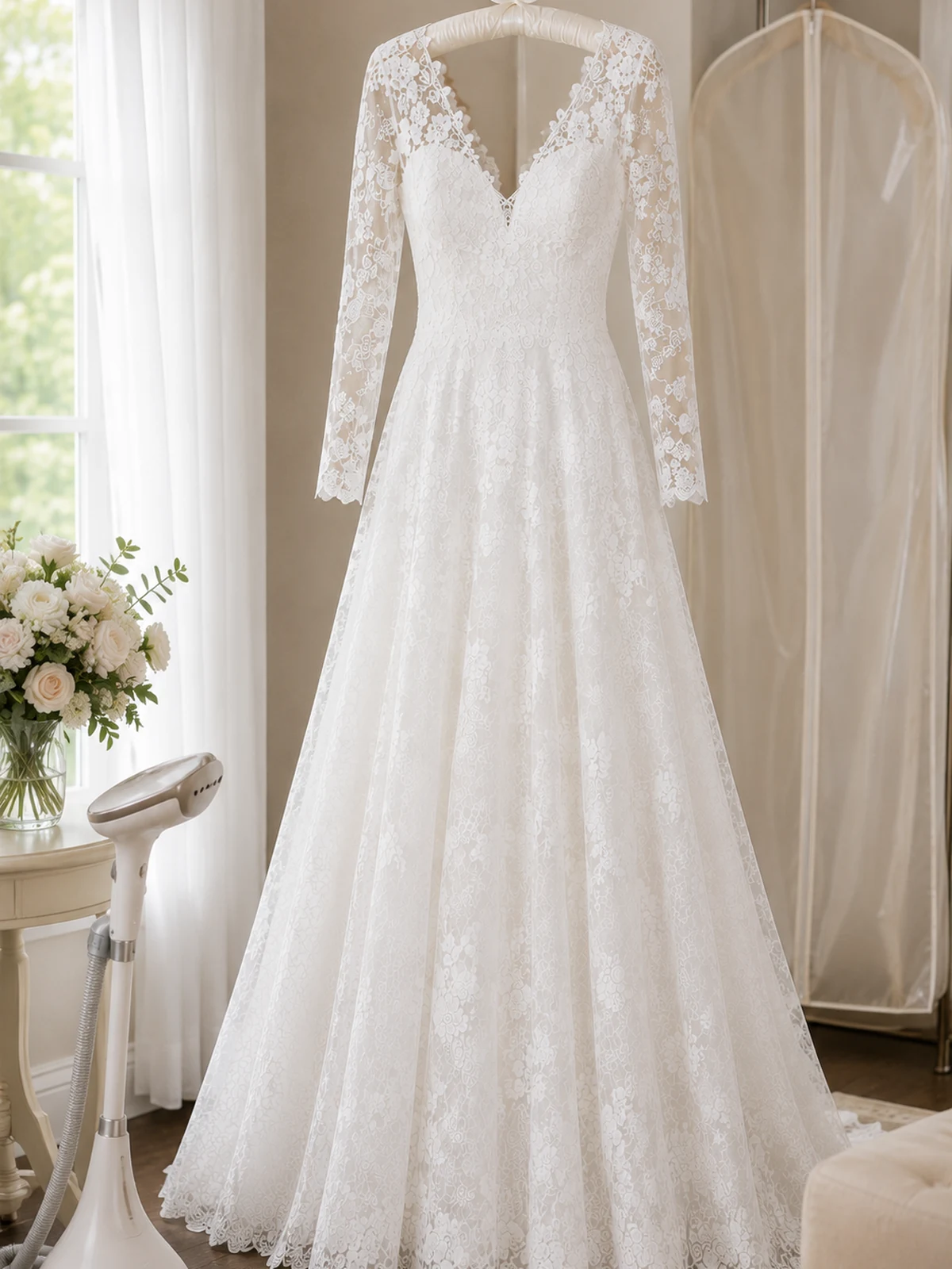 Controllo prima dell’acquisto per Abito da sposa in pizzo scollo a V linea A maniche lunghe per uso quotidiano