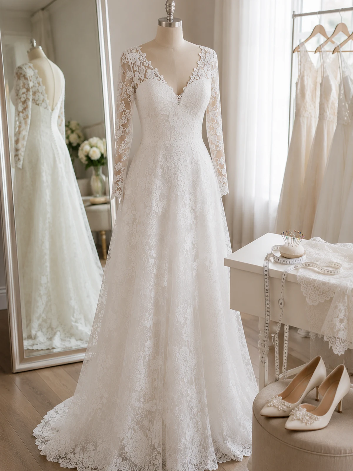 Scena di uso quotidiano per Abito da sposa in pizzo scollo a V linea A maniche lunghe per uso quotidiano