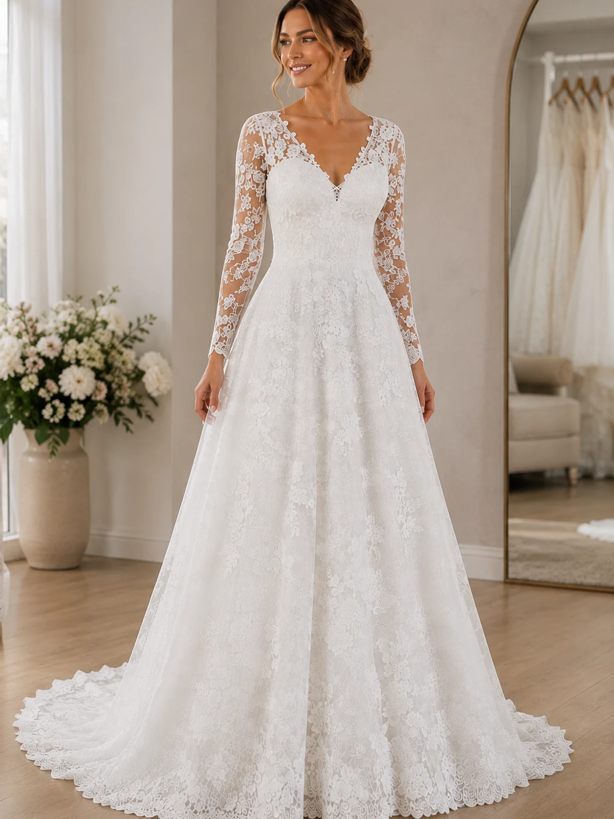 Dettaglio misura o uso per Abito da sposa in pizzo scollo a V linea A maniche lunghe per uso quotidiano