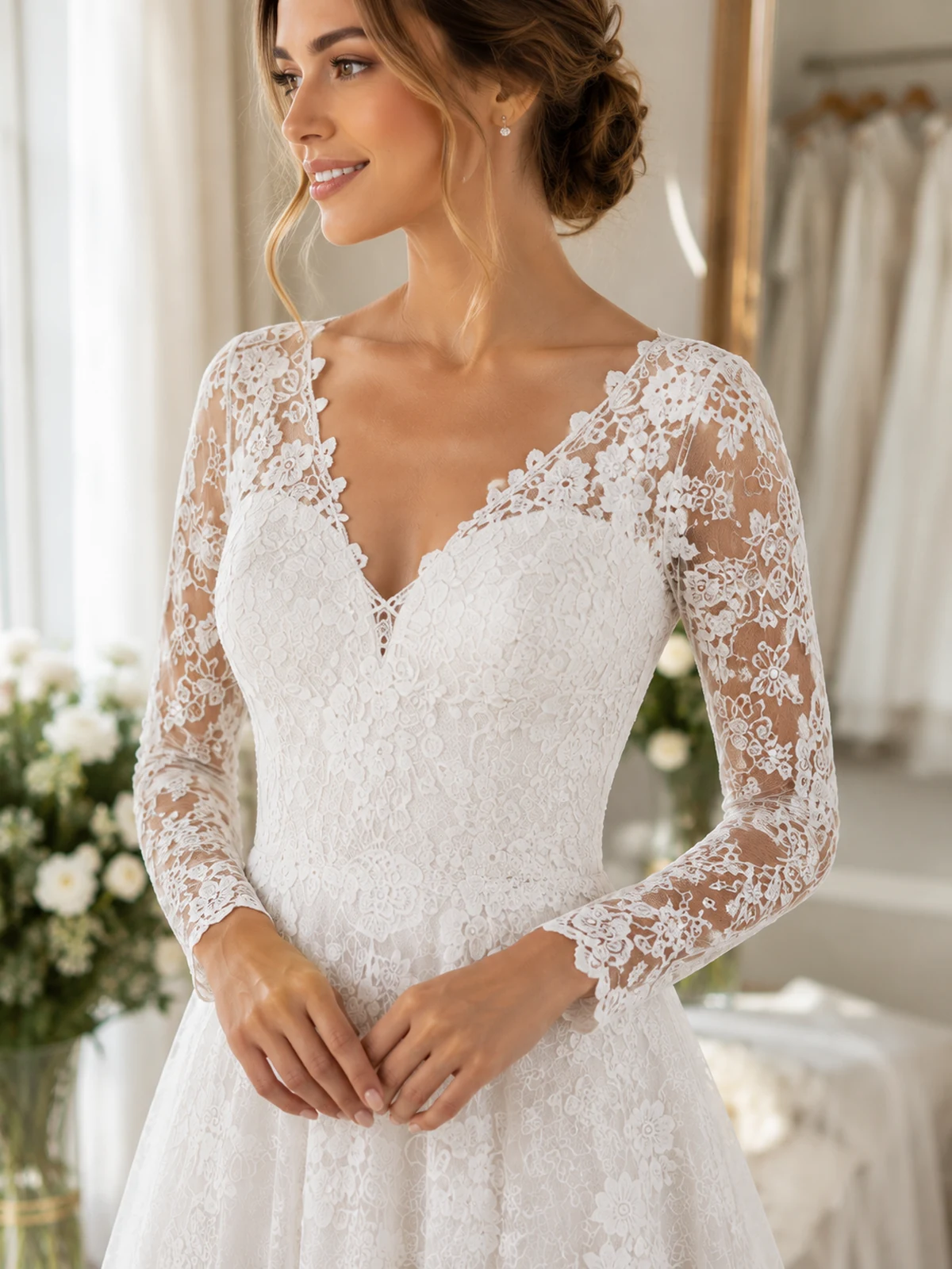 Immagine di dettaglio per Abito da sposa in pizzo scollo a V linea A maniche lunghe per uso quotidiano