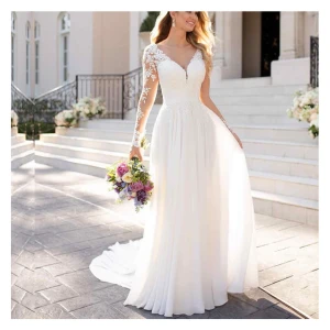 Abito da sposa in pizzo scollo a V linea A maniche lunghe per uso quotidiano