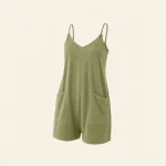 Olive V-neck short romper with thin straps and large front patch pockets