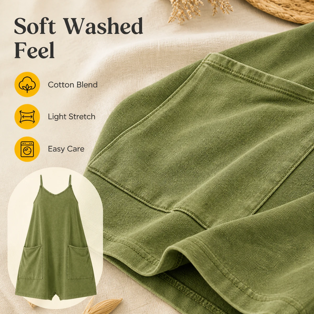 Material and structure detail for Women's V-Neck Romper Jumpsuit Shorts with Pockets