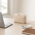 Bolsa tecnológica bege numa secretária, junto de portátil, cabo enrolado, estojo de auriculares e caderno
