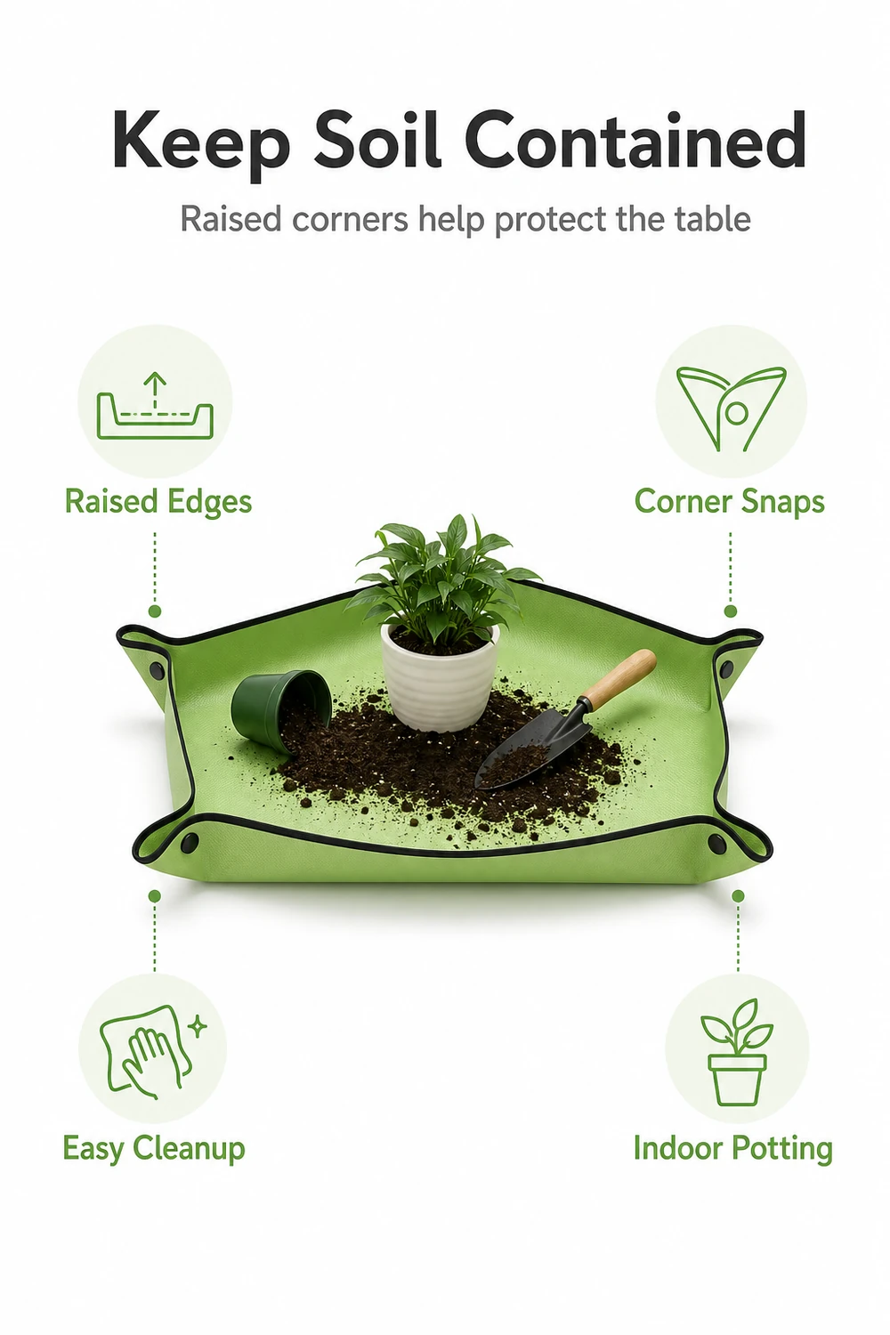 Tapis vert de rempotage avec coins relevés fermés par des boutons-pression, contenant un pot, du terreau et une truelle