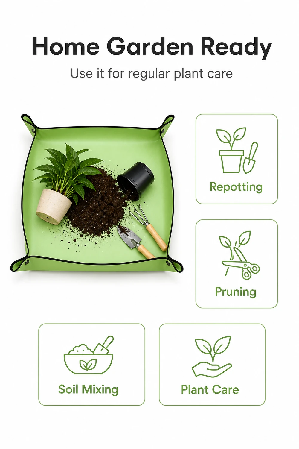 Tapis vert pour rempoter avec une plante en pot, de la terre en vrac et des outils à main