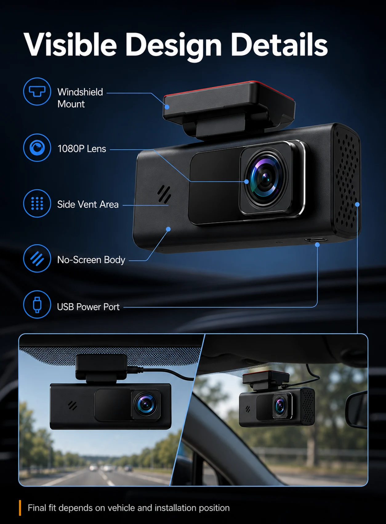 WiFi dash camera design details with windshield mount lens vent and USB power port