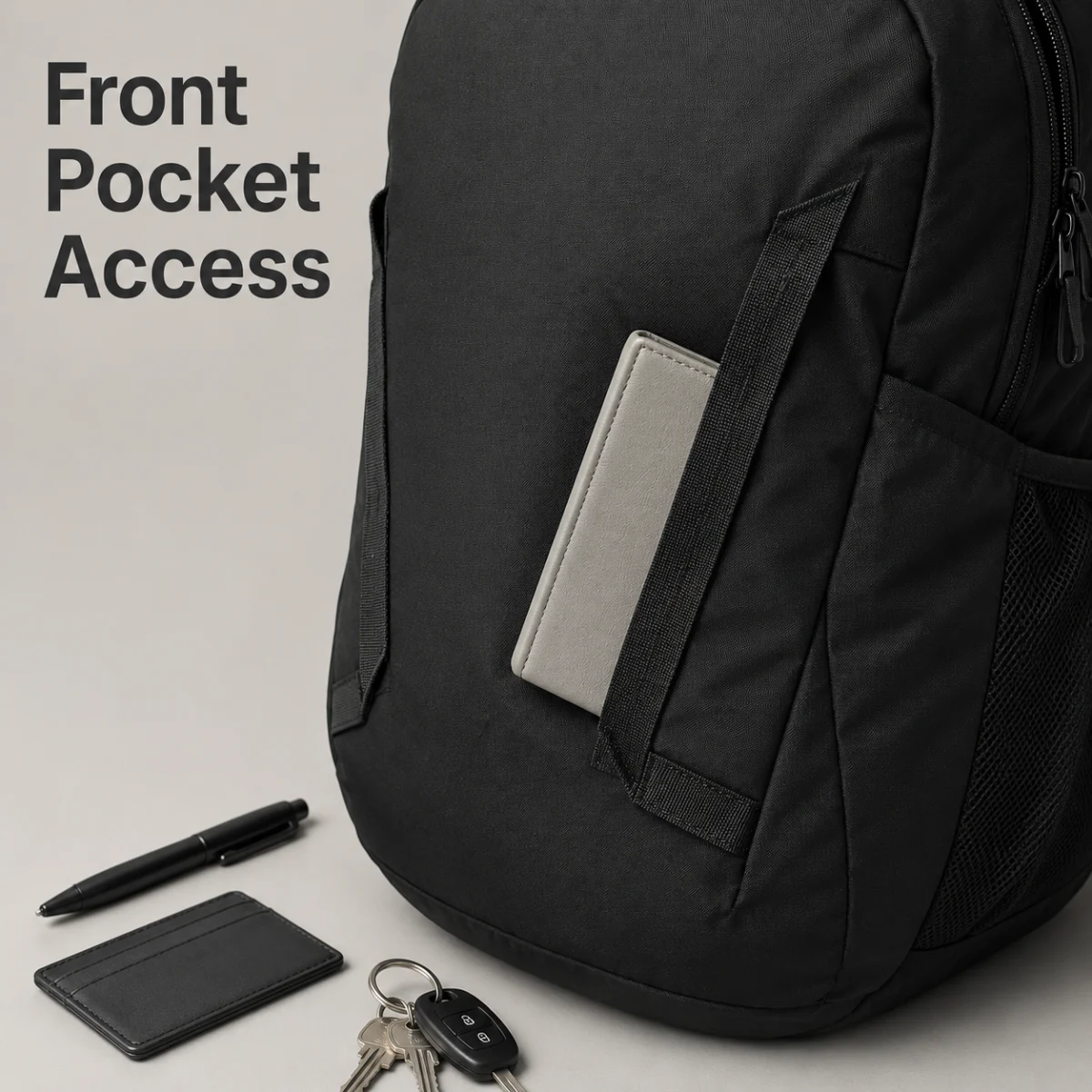 Acesso frontal em mochila cinza escura para escritório