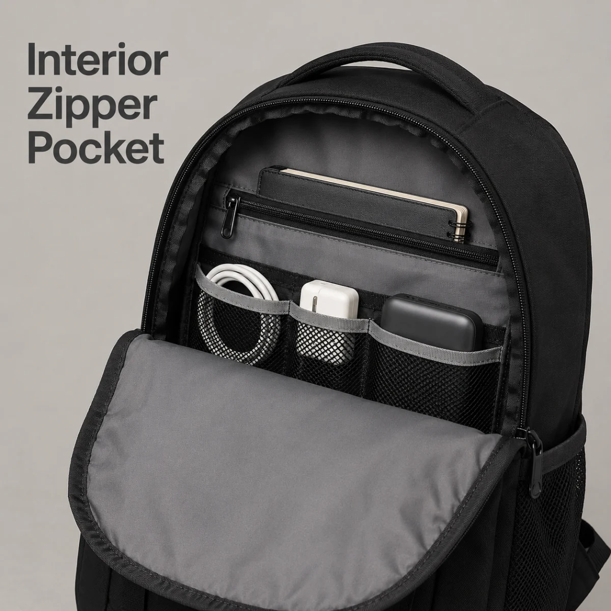 Detalhe de bolso interno com zíper em mochila tote para laptop