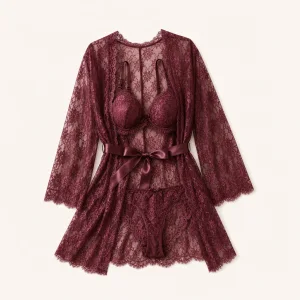 3-teiliges Damen Spitzen-Lingerie-Set mit Robe