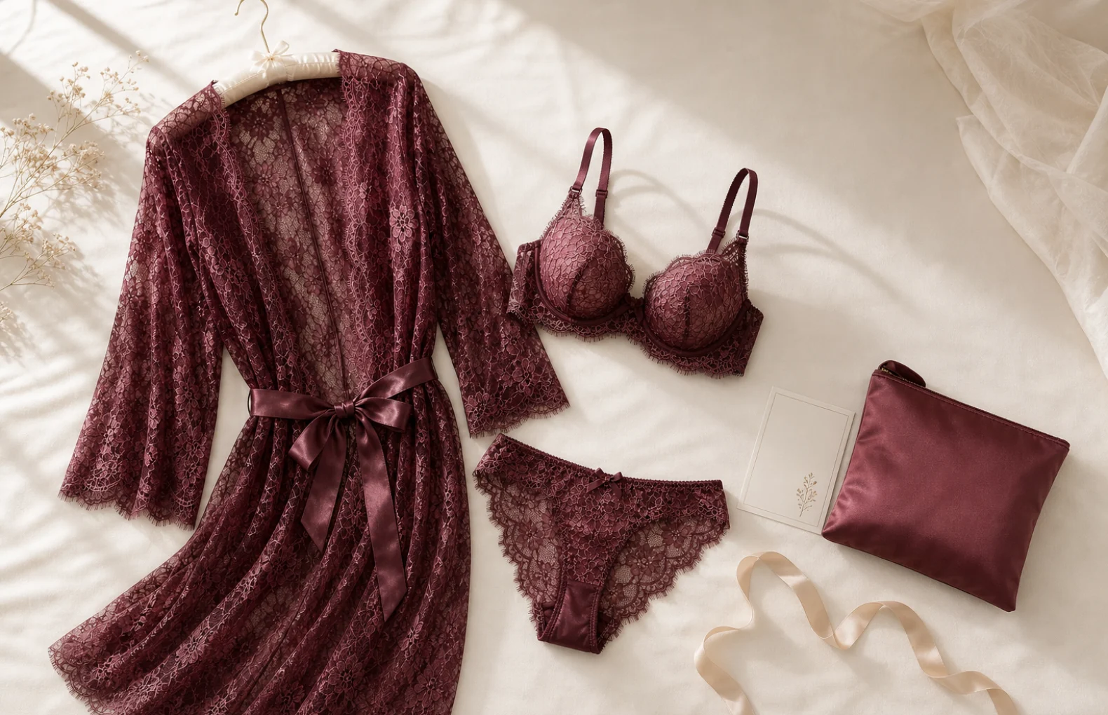 Ensemble lingerie dentelle bordeaux trois pieces avec peignoir soutien-gorge et culotte