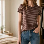 Mujer con camiseta marrón de rayas y vaqueros azules junto a la ventana de un dormitorio