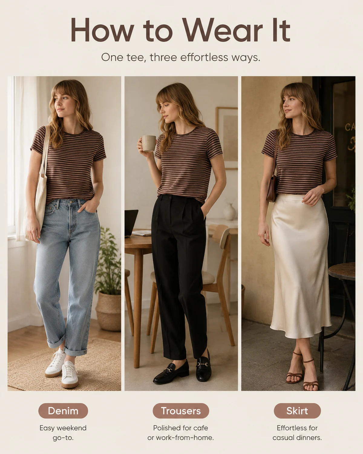 Detalle de material y estructura para Camiseta entallada marrón a rayas para mujer