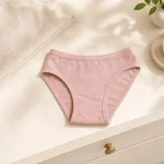Slip bikini rosa disposti su un comò accanto a un asciugamano bianco