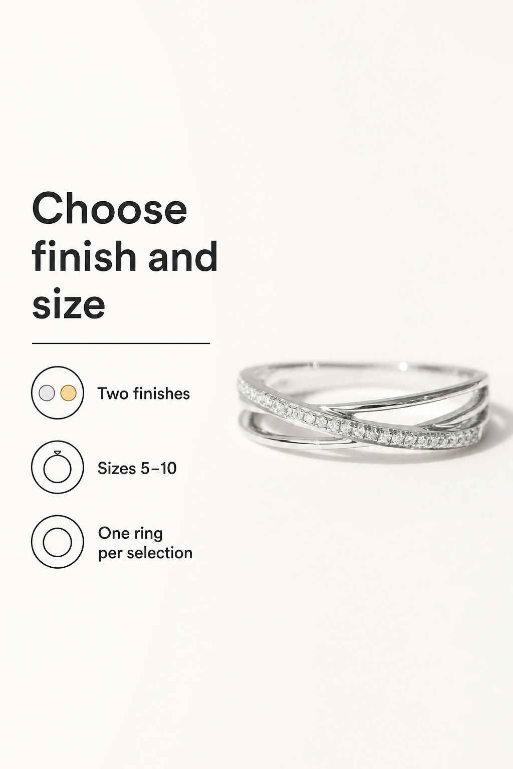 Vista frontal de un anillo plateado con texto que indica dos acabados, códigos de talla 5–10 y un anillo por selección.
