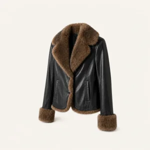 Damen Kunstlederjacke mit braunem Kunstfellbesatz für Herbst