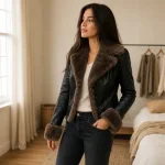 Frau mit schwarzer Jacke und braunem Flauschbesatz über einem hellen Oberteil und dunklen Jeans