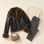 Schwarze Jacke mit braunem Flauschbesatz neben hellem Strickoberteil, dunklen Jeans und beigefarbener Tasche