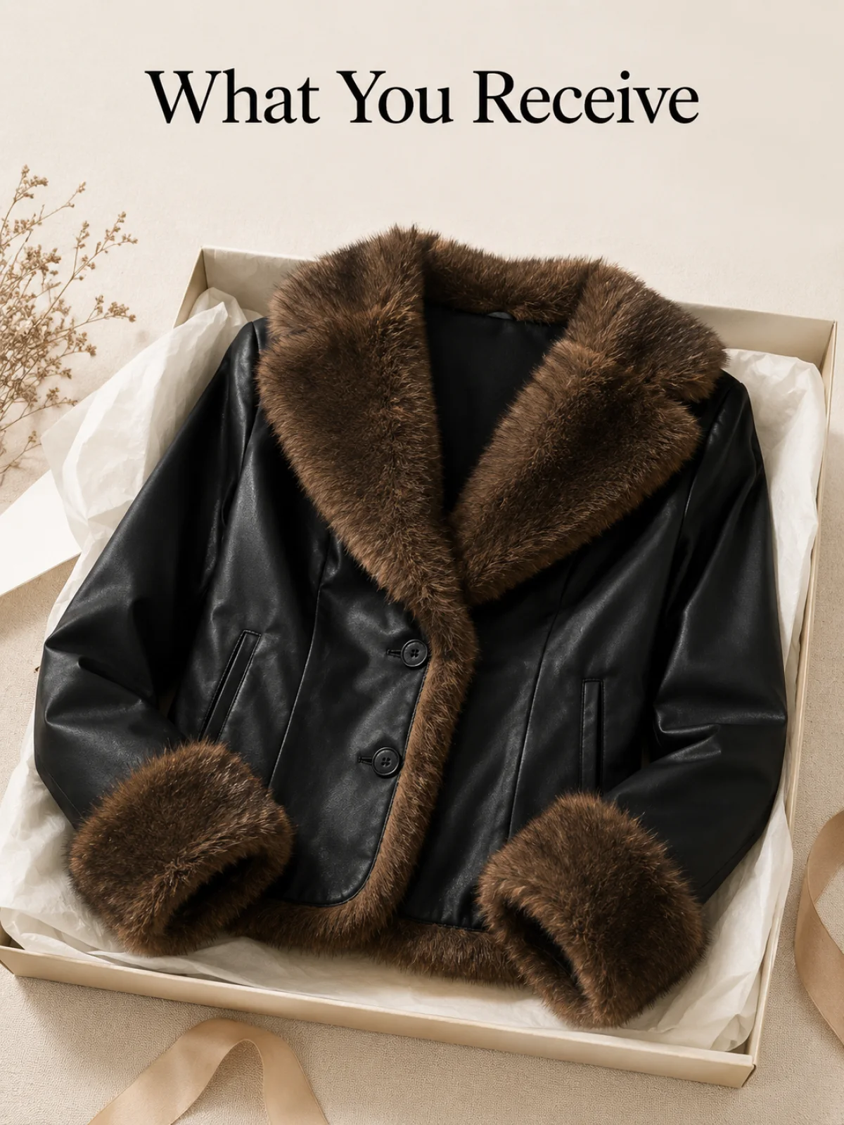 Lieferumfang eine schwarze Damenjacke aus Kunstleder-Optik mit braunem Besatz