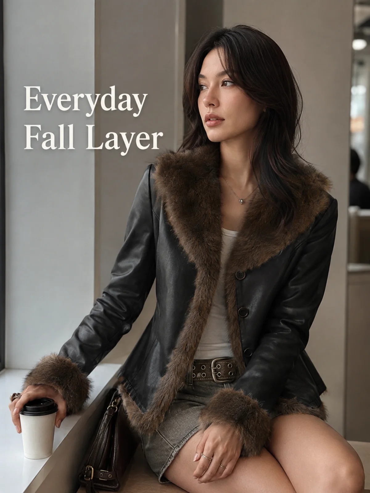 Alltaegliche Herbst-Layering-Idee für Damenjacke aus Kunstleder