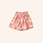 Coral and white floral shorts with a wide gathered waistband and loose legs