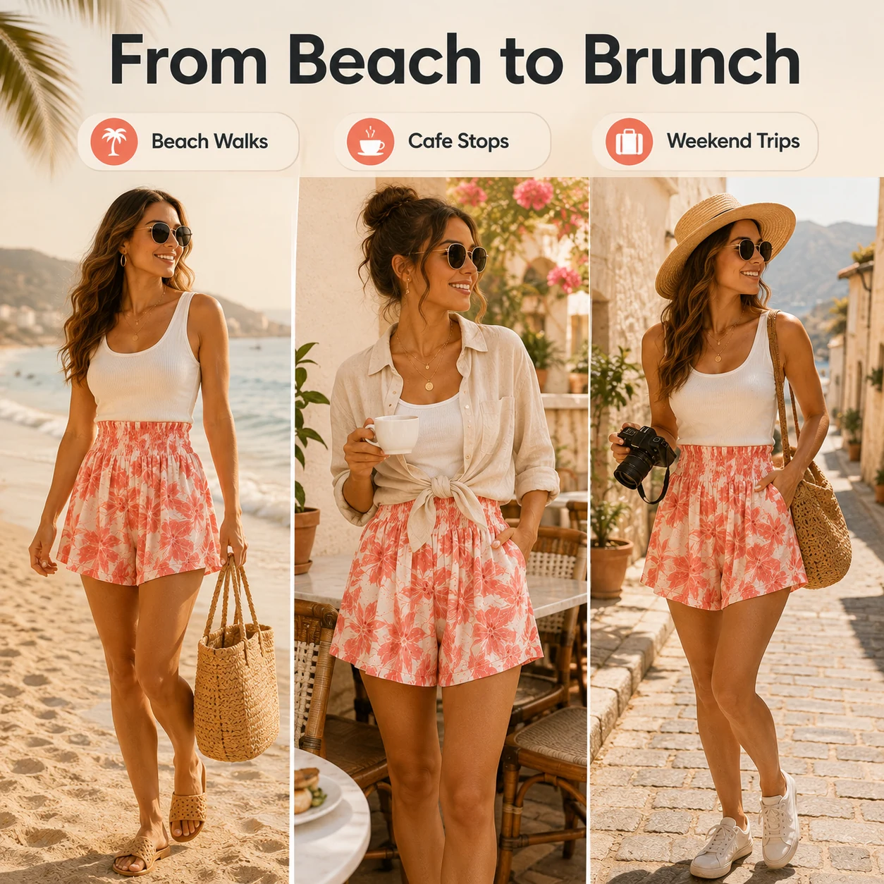 Women's flowy high waist shorts for beach walks brunch and weekend trips